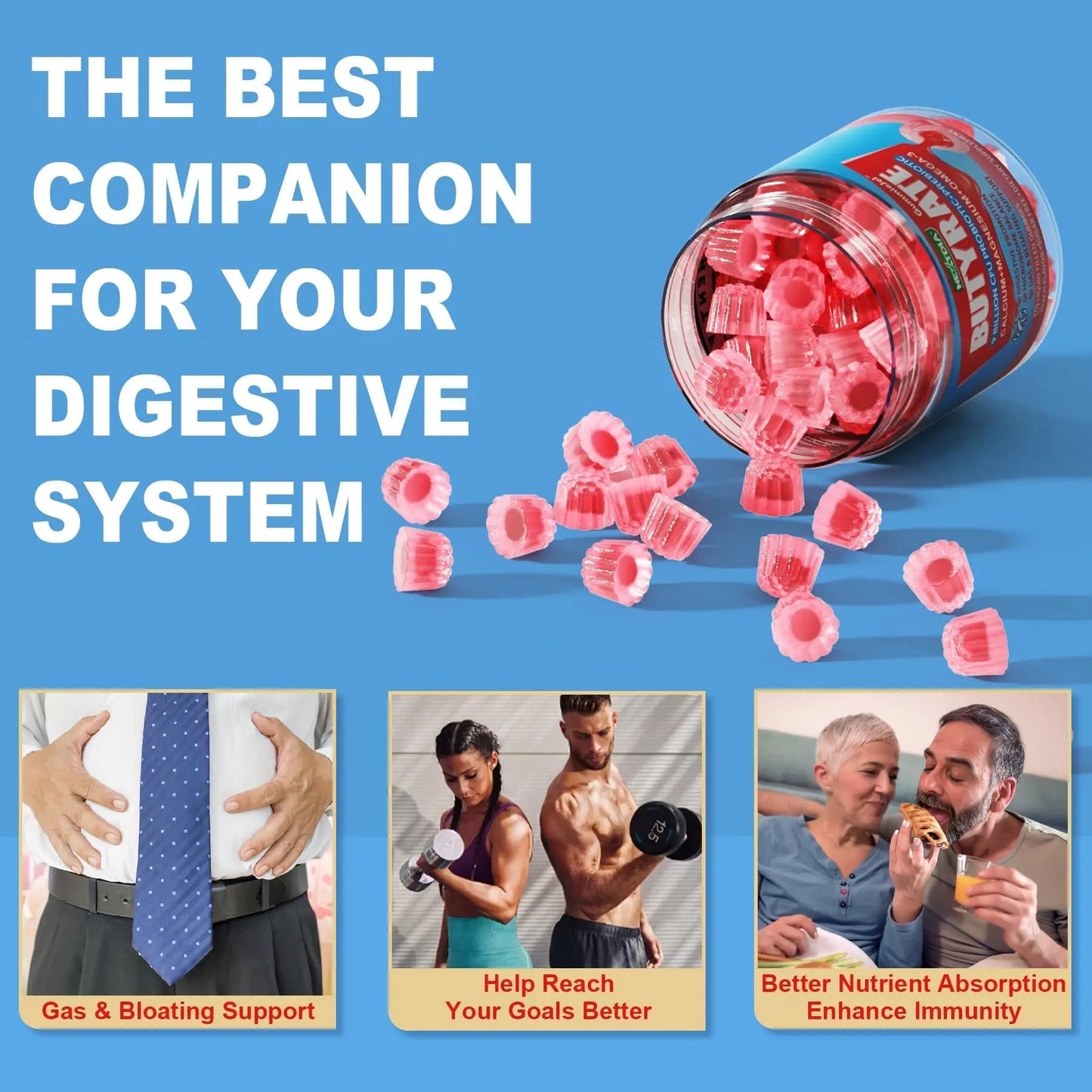 Butyrate Gummies with Probiotic + Prebiotic + Postbiotic, Omega-3 500mg,Fiber with 9 Billion CFU Probiotics, Calcium & Magnesium, Inulin,Psyllium Husk for Digestive Health,Bloating Support,Sugar Free - Maple Wellness Supplements