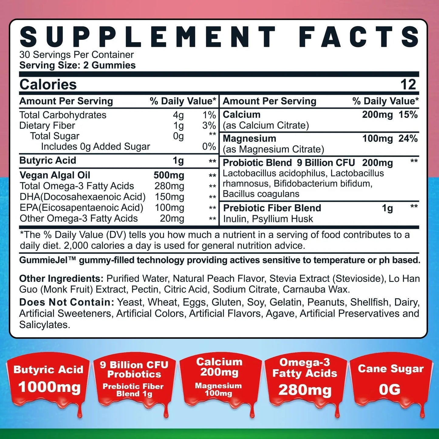 Butyrate Gummies with Probiotic + Prebiotic + Postbiotic, Omega-3 500mg,Fiber with 9 Billion CFU Probiotics, Calcium & Magnesium, Inulin,Psyllium Husk for Digestive Health,Bloating Support,Sugar Free - Maple Wellness Supplements