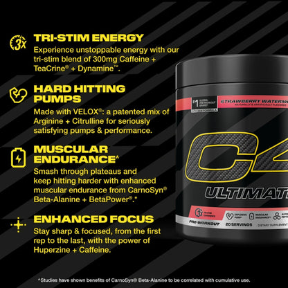 C4 Ultimate Pre Workout Powder Watermelon - Sugar Free Preworkout Energy Supplement for Men & Women - 300mg Caffeine + 3.2g Beta Alanine - Maple Wellness Supplements