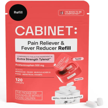 Cabinet: 500mg Acetaminophen for Headache Relief, Toothaches, Sore Throat, and Fever Reducer, 120 Tablets (Refill Pouch) - Maple Wellness Supplements