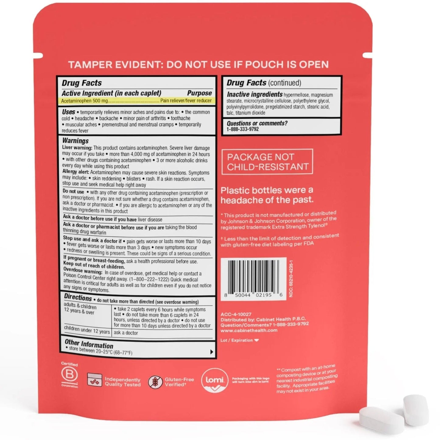 Cabinet: 500mg Acetaminophen for Headache Relief, Toothaches, Sore Throat, and Fever Reducer, 120 Tablets (Refill Pouch) - Maple Wellness Supplements