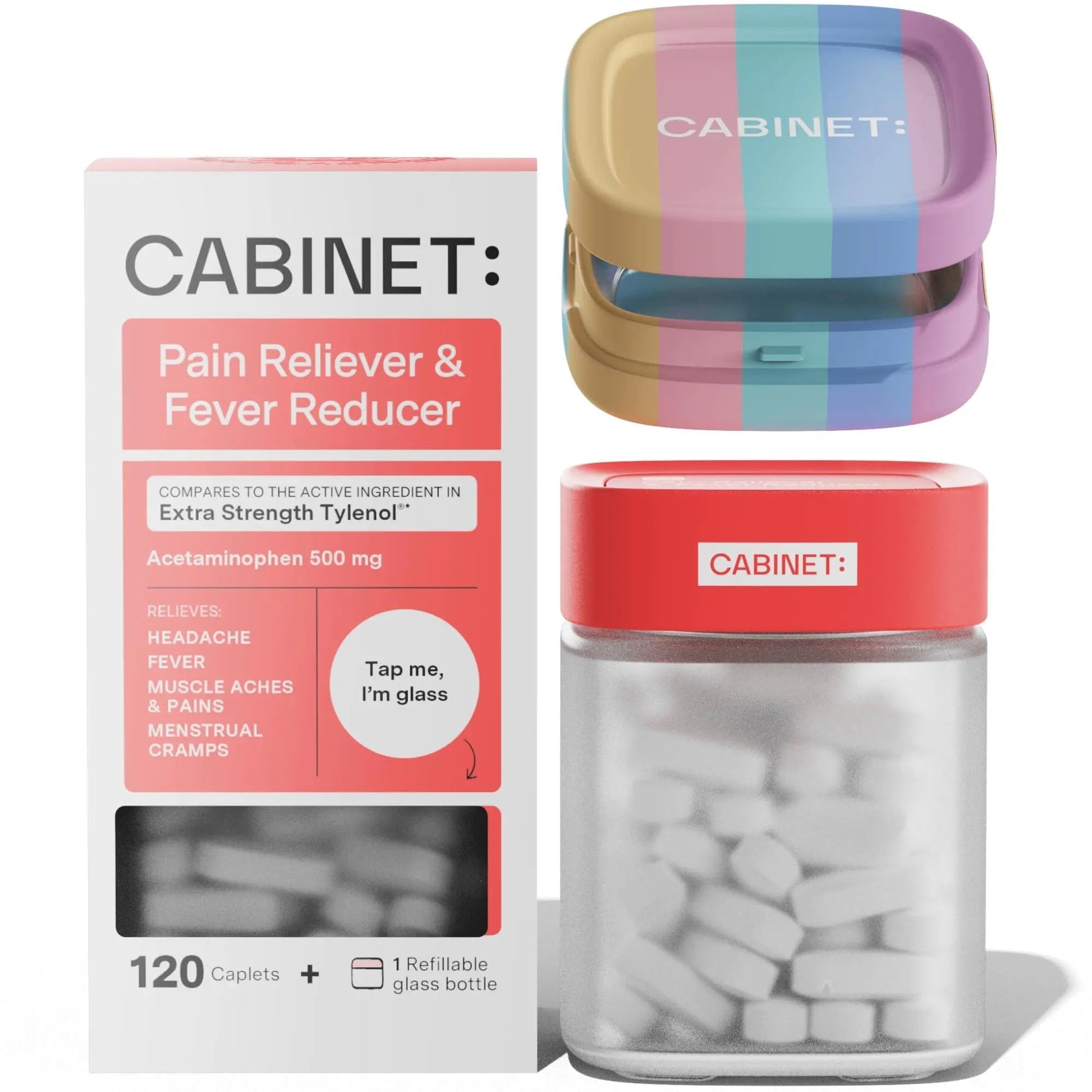 Cabinet: 500mg Acetaminophen for Headache Relief, Toothaches, Sore Throat, and Fever Reducer, Includes 1 Refillable Medicine Jar, 120 Tablets Refillable Glass Jar - w/Travel Tin - Maple Wellness Supplements