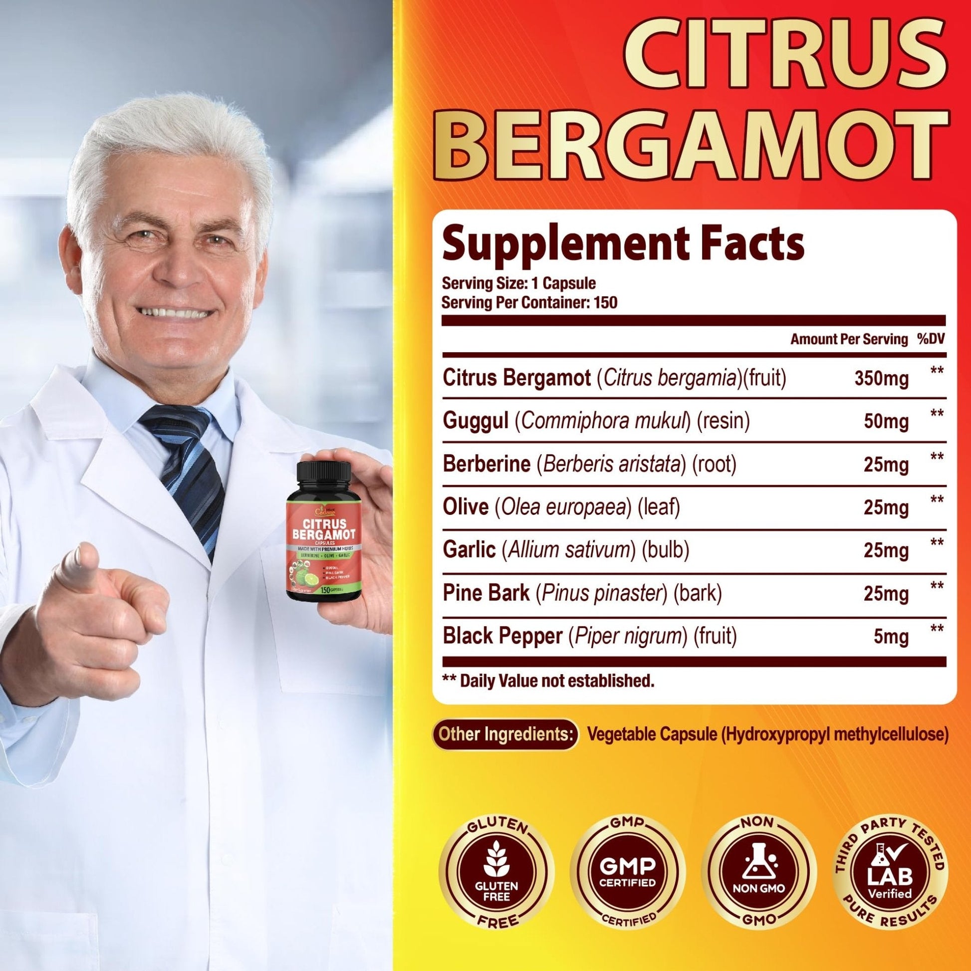 Cadane Citrus Bergamot Supplement Capsules with Berberine, Olive, Guggul, Garlic, Pine Bark, Black Pepper - Maple Wellness Supplements