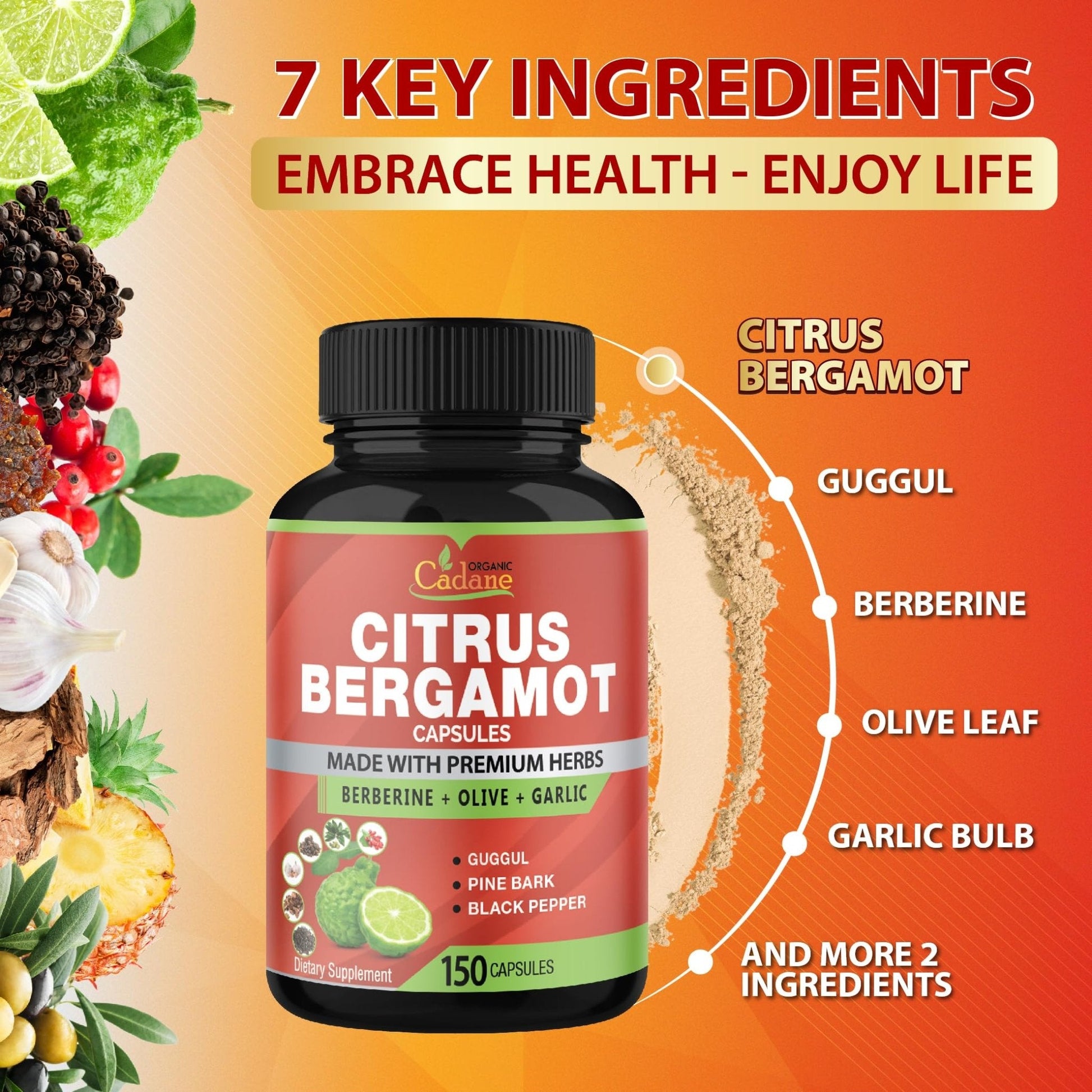 Cadane Citrus Bergamot Supplement Capsules with Berberine, Olive, Guggul, Garlic, Pine Bark, Black Pepper - Maple Wellness Supplements