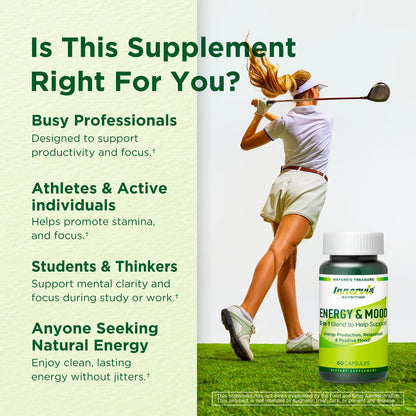 Caffeine Free Natural Energy Boost with Ashwagandha, Maca & Magnesium - Support Stress Relief, Focus & Mood - 60 Capsules by Innervis Nutrition - Maple Wellness Supplements