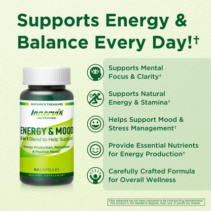 Caffeine Free Natural Energy Boost with Ashwagandha, Maca & Magnesium - Support Stress Relief, Focus & Mood - 60 Capsules by Innervis Nutrition - Maple Wellness Supplements