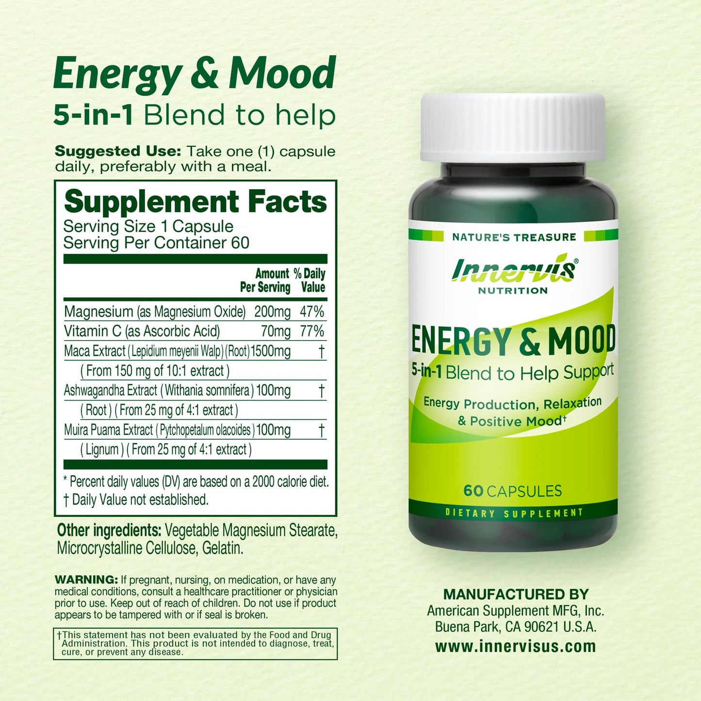 Caffeine Free Natural Energy Boost with Ashwagandha, Maca & Magnesium - Support Stress Relief, Focus & Mood - 60 Capsules by Innervis Nutrition - Maple Wellness Supplements