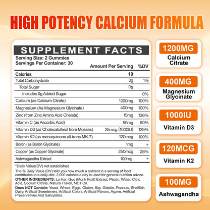 Calcium 1200 mg with Vitamin D3 Gummies for Adults - Calcium Citrate with Vitamin D3 K2, Magnesium, Zinc, Boron, Copper and Ashwagandha - Maple Wellness Supplements