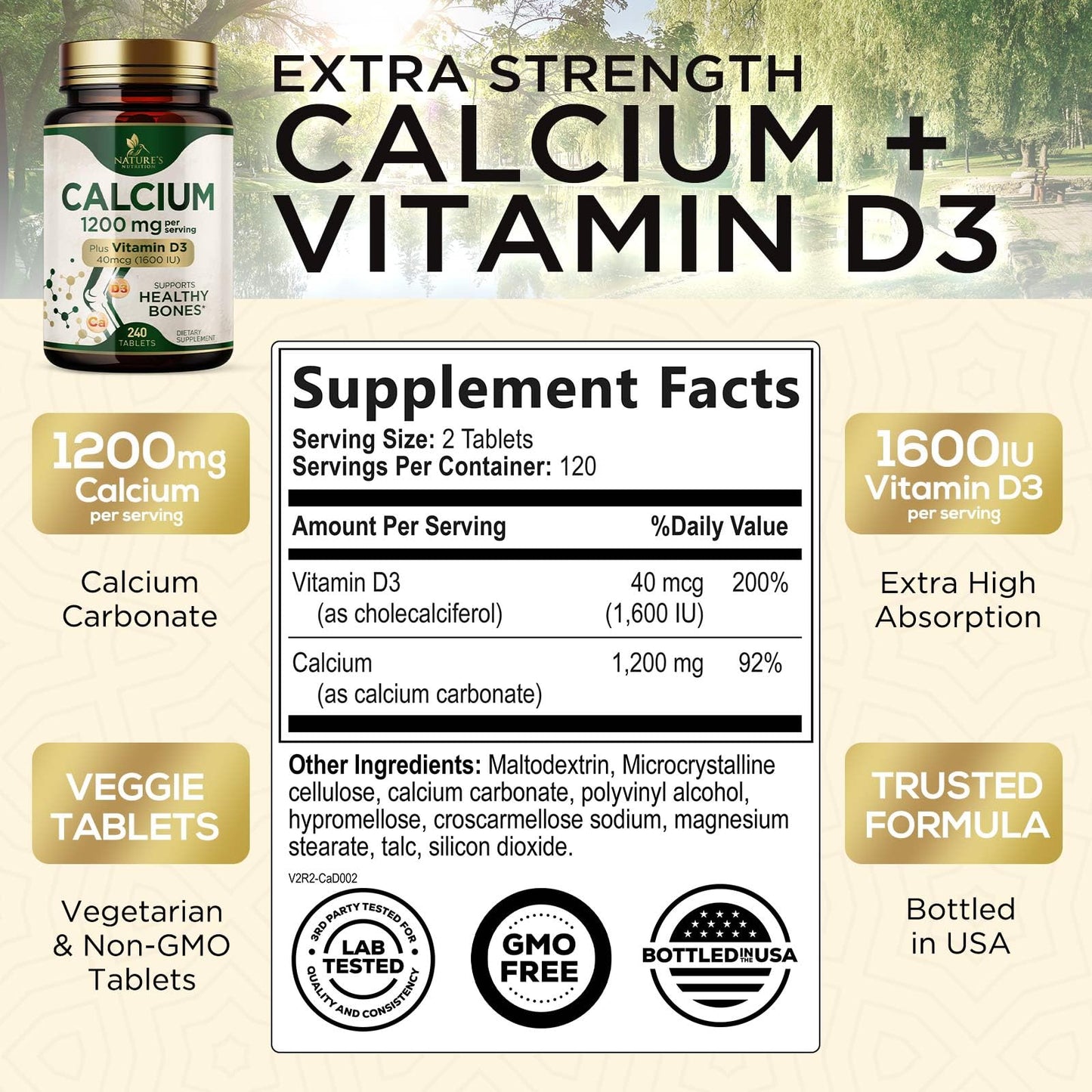Calcium 1200 mg with Vitamin D3 - Per Serving - Bone Health Supplement - Vitamin D & Calcium Supplements for Women & Men - Bone Strength Support - Maple Wellness Supplements