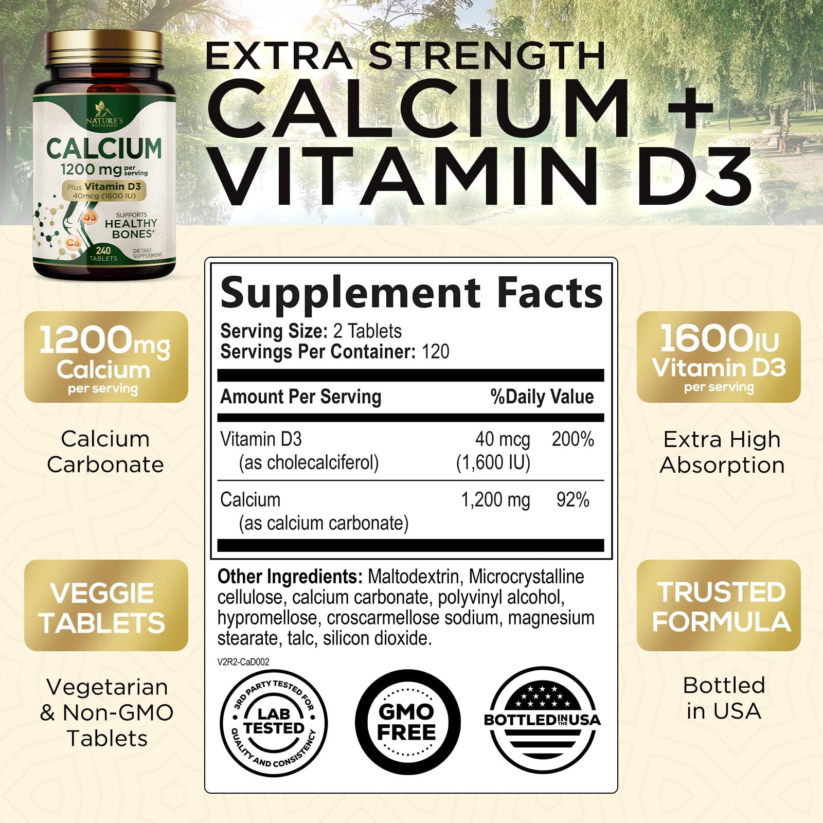 Calcium 1200 mg with Vitamin D3 - Per Serving - Bone Health Supplement - Vitamin D & Calcium Supplements for Women & Men - Bone Strength Support - Maple Wellness Supplements