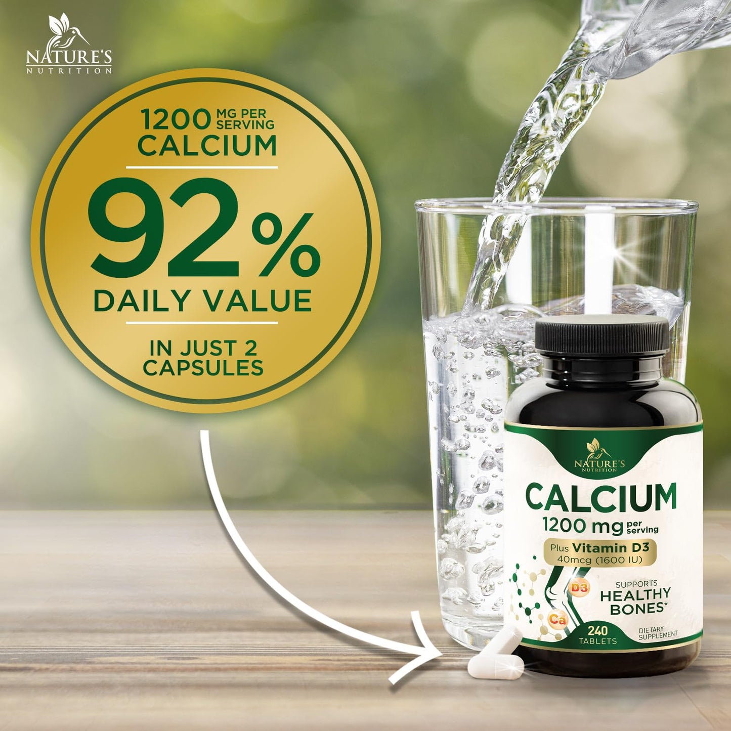 Calcium 1200 mg with Vitamin D3 - Per Serving - Bone Health Supplement - Vitamin D & Calcium Supplements for Women & Men - Bone Strength Support - Maple Wellness Supplements