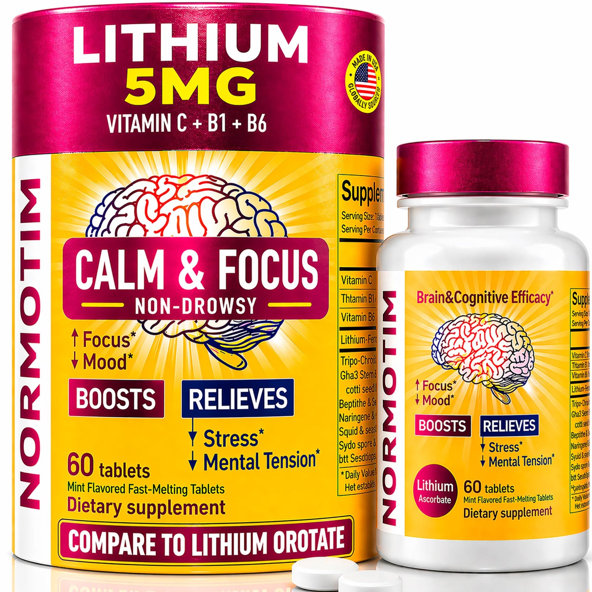 Calm & Focus Support – Lithium Ascorbate 5mg Fast-Dissolve Tablets with Vitamin C, B1 & B6 – Non-Drowsy Cognitive & Memory Support - Maple Wellness Supplements