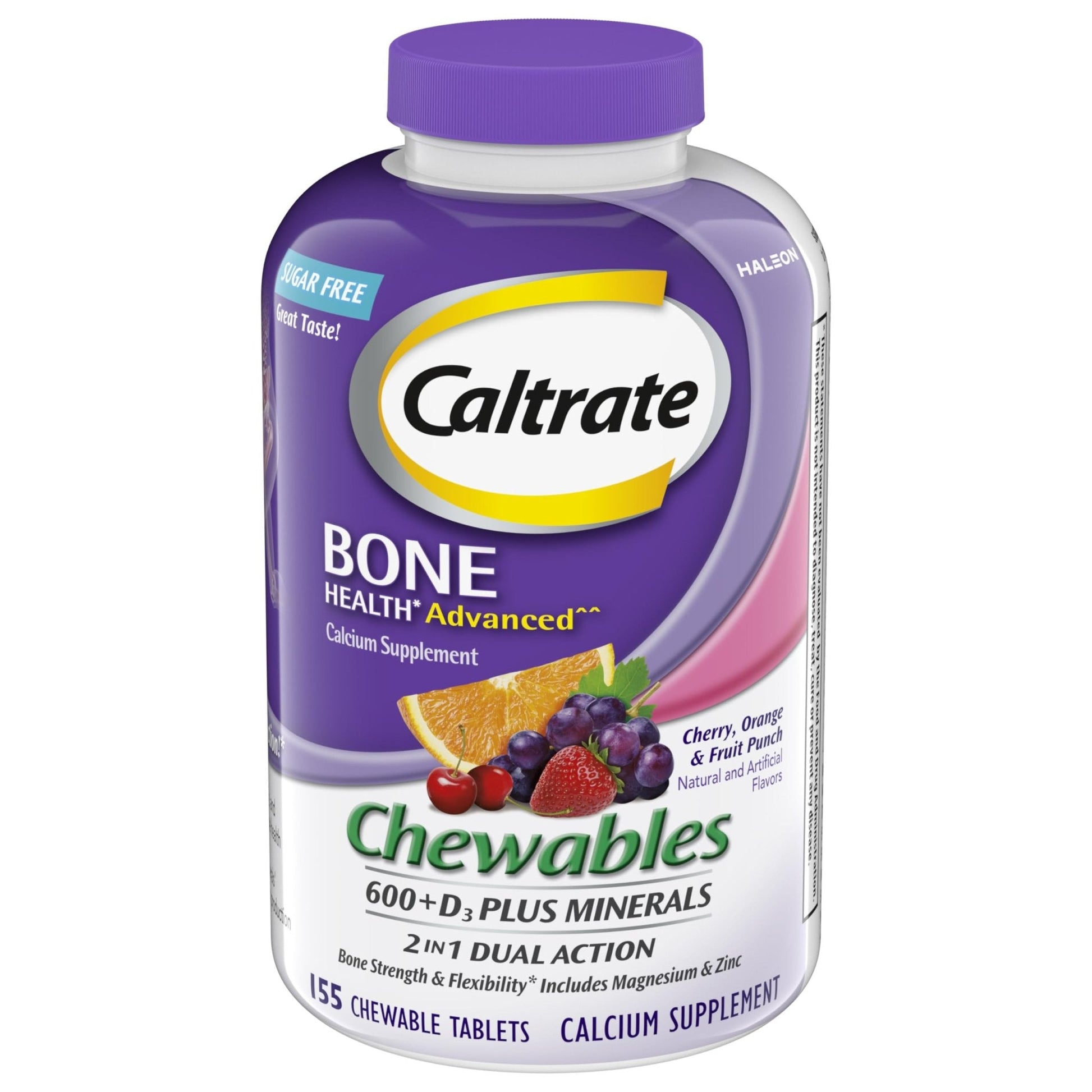 Caltrate Chewables 600 +D3 Plus Minerals Calcium and Vitamin D, Sugar Free, Cherry, Orange and Fruit Punch, 155 count - Maple Wellness Supplements