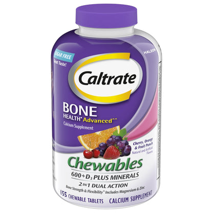 Caltrate Chewables 600 +D3 Plus Minerals Calcium and Vitamin D, Sugar Free, Cherry, Orange and Fruit Punch, 155 count - Maple Wellness Supplements