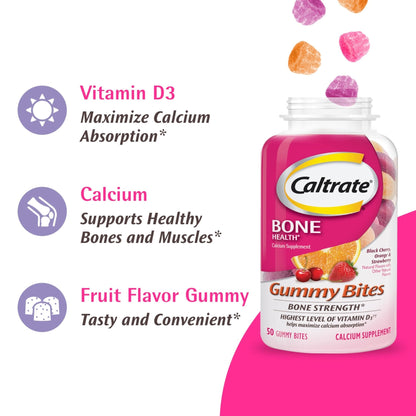 Caltrate Gummy Bites 500 mg Calcium and Vitamin D Supplement, Black Cherry, Strawberry, Orange - 100 Count - Maple Wellness Supplements
