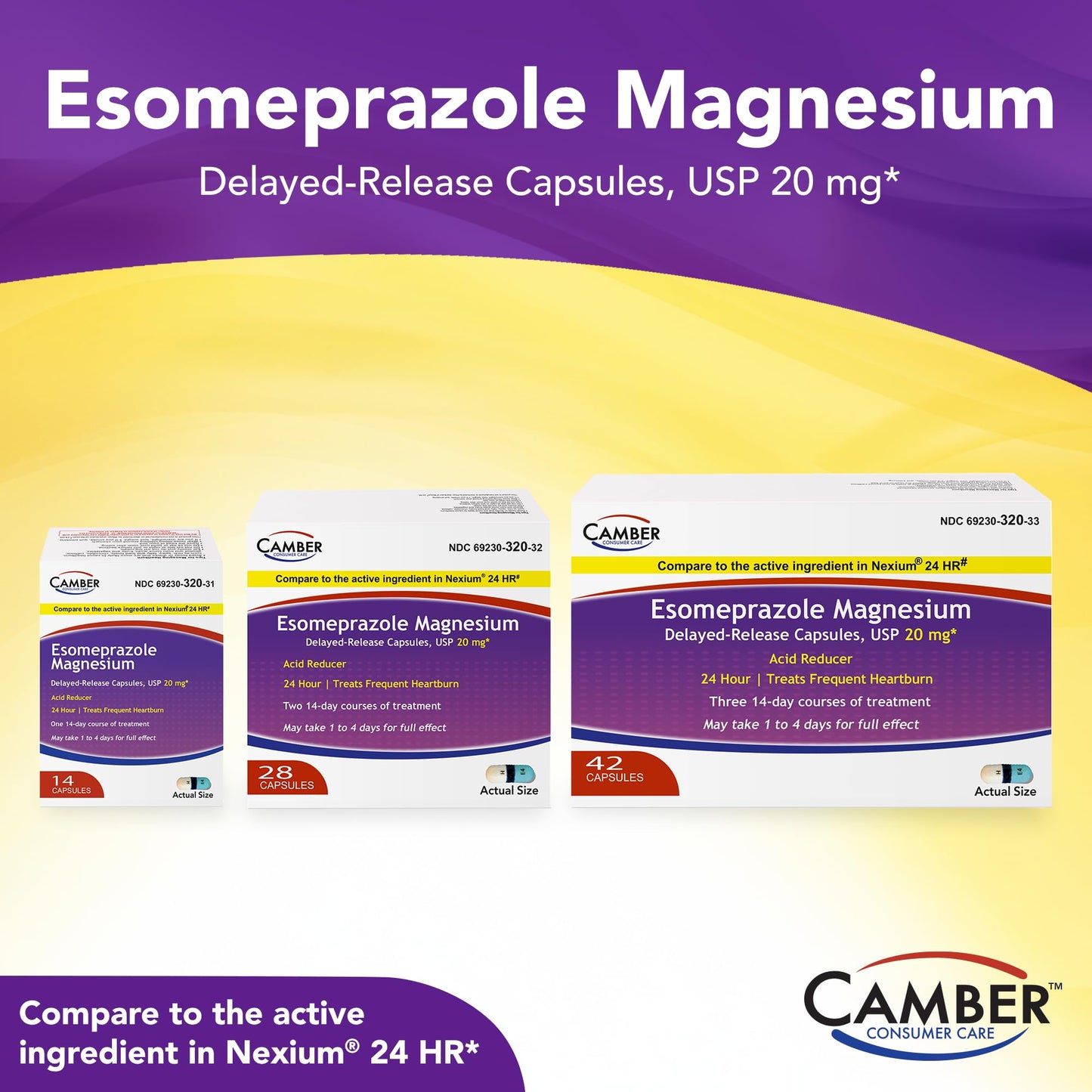 Camber Esomeprazole Magnesium USP 20mg, Delayed Release Capsules, Treats Frequent Heartburn (42 Count) - Maple Wellness Supplements