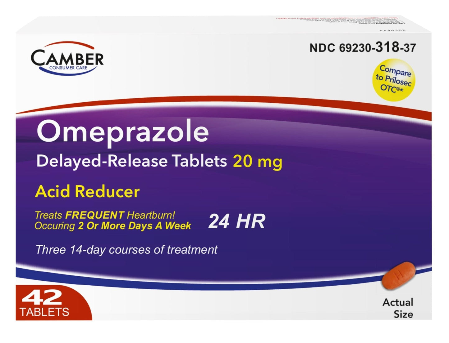 Camber Omeprazole 20mg Delayed-Release Tablets, Heartburn and Acid Reducer Reflux Medicine (42 Count) - Maple Wellness Supplements