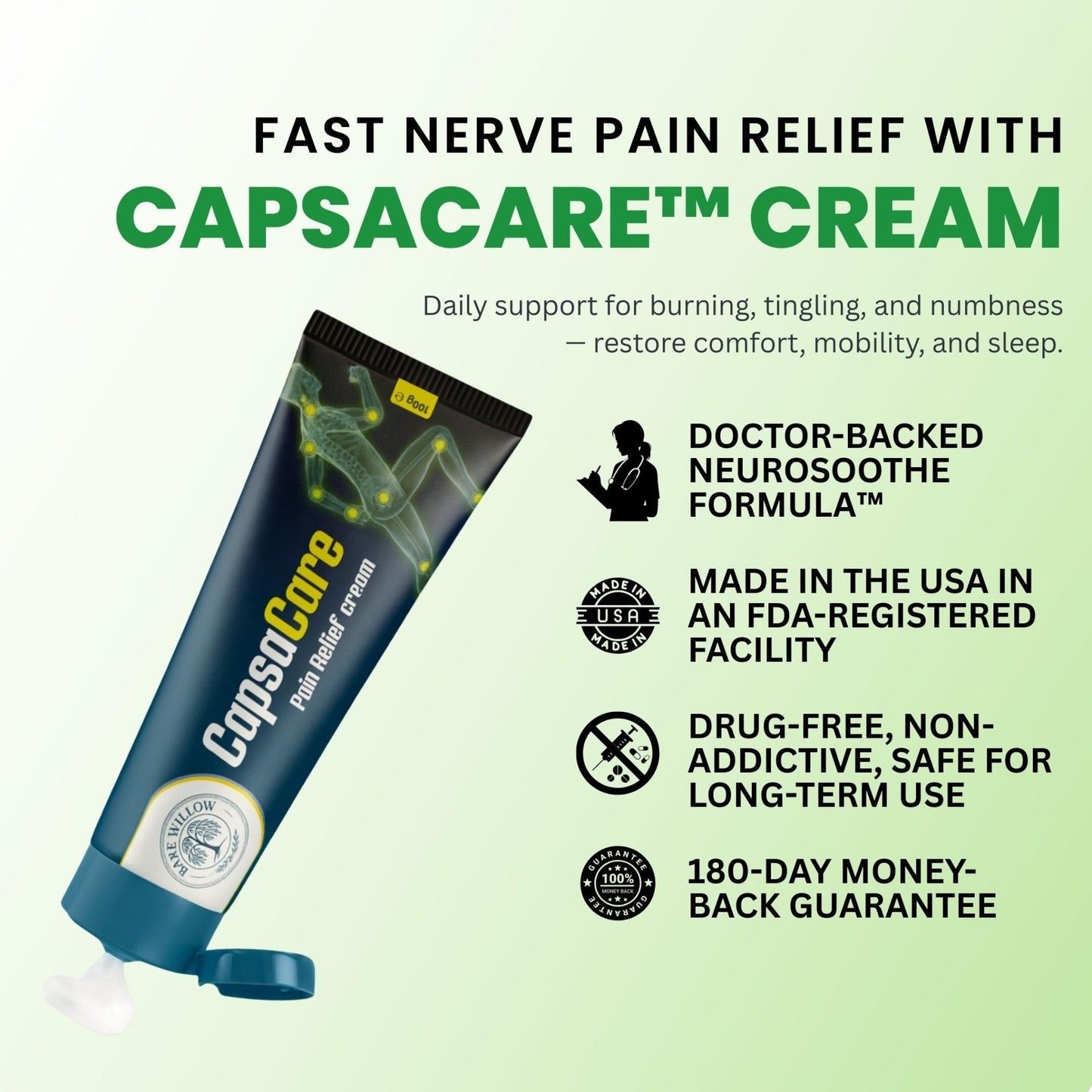 CapsaCare Cream with Capsaicin 0.125% & Magnesium, NeuroSoothe Blend with Arnica, Glucosamine, Menthol & Aloe, Fragrance Free, Non Greasy, Hydrating Topical Skin Cream for Men and Women, 100g (1 Pack) - Maple Wellness Supplements