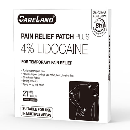 CARELAND 4% Lidocaine Patches Maximum Strength, 21 Count (10cm x 14cm) - OTC Pain Relief Patches with Stronger Adhesion for Back, Shoulder, Knee, Large Size - Maple Wellness Supplements