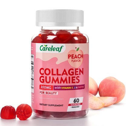 careleaf Sugar Free Collagen Gummies with Vitamin C Vitamin E Support Natural Collagen Production, Healthy Hair, Nails and Bones,Peach Flavor,60 Gummies for 30 Days Supply - Maple Wellness Supplements