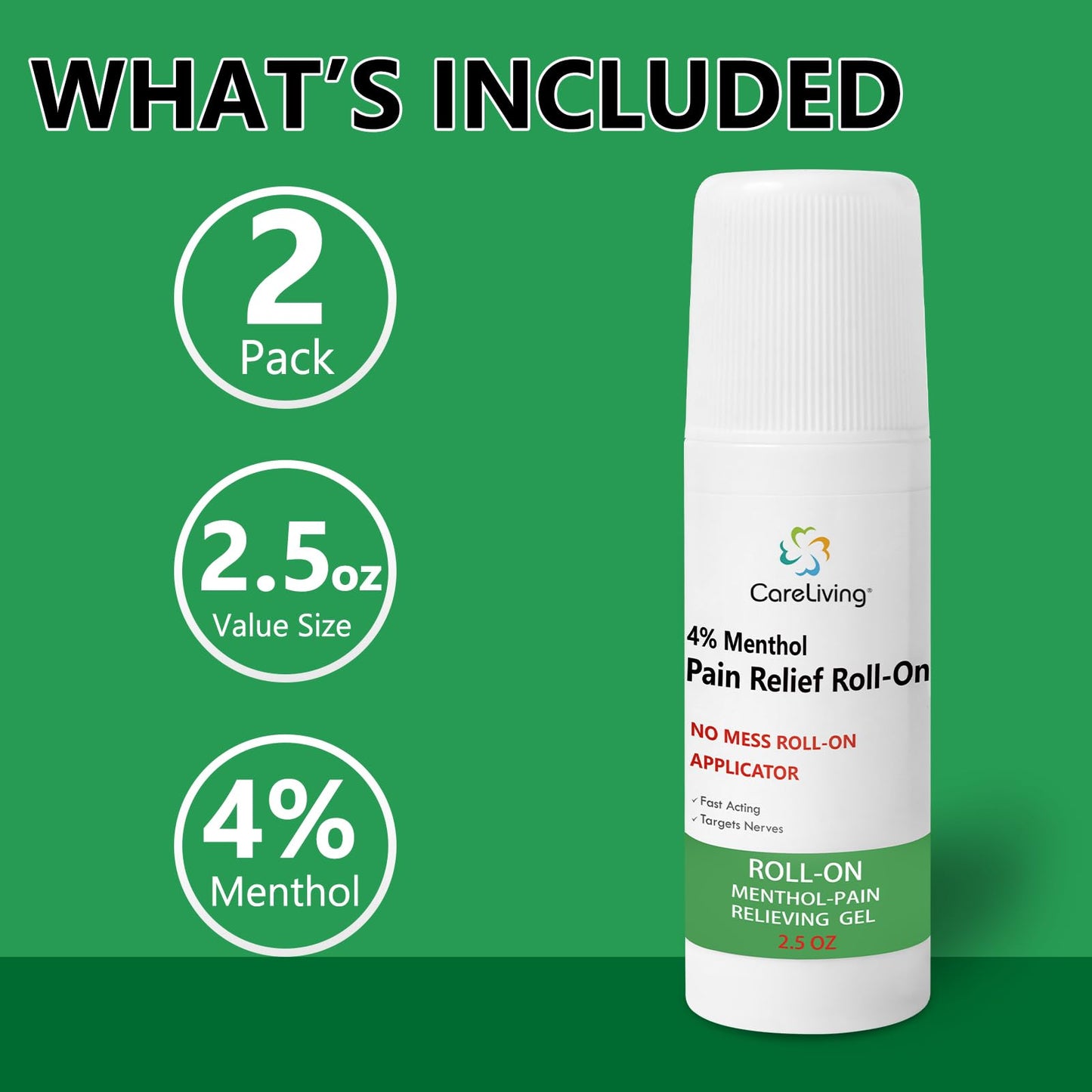 CARELIVING Roll On Pain Relief for Knee, Neck, Joint, Shoulder, Arthritis Pain Reliever, Sore Muscle Relief, Roll On Menthol Gel 2.5 Fl Oz (Pack of 2) - Maple Wellness Supplements