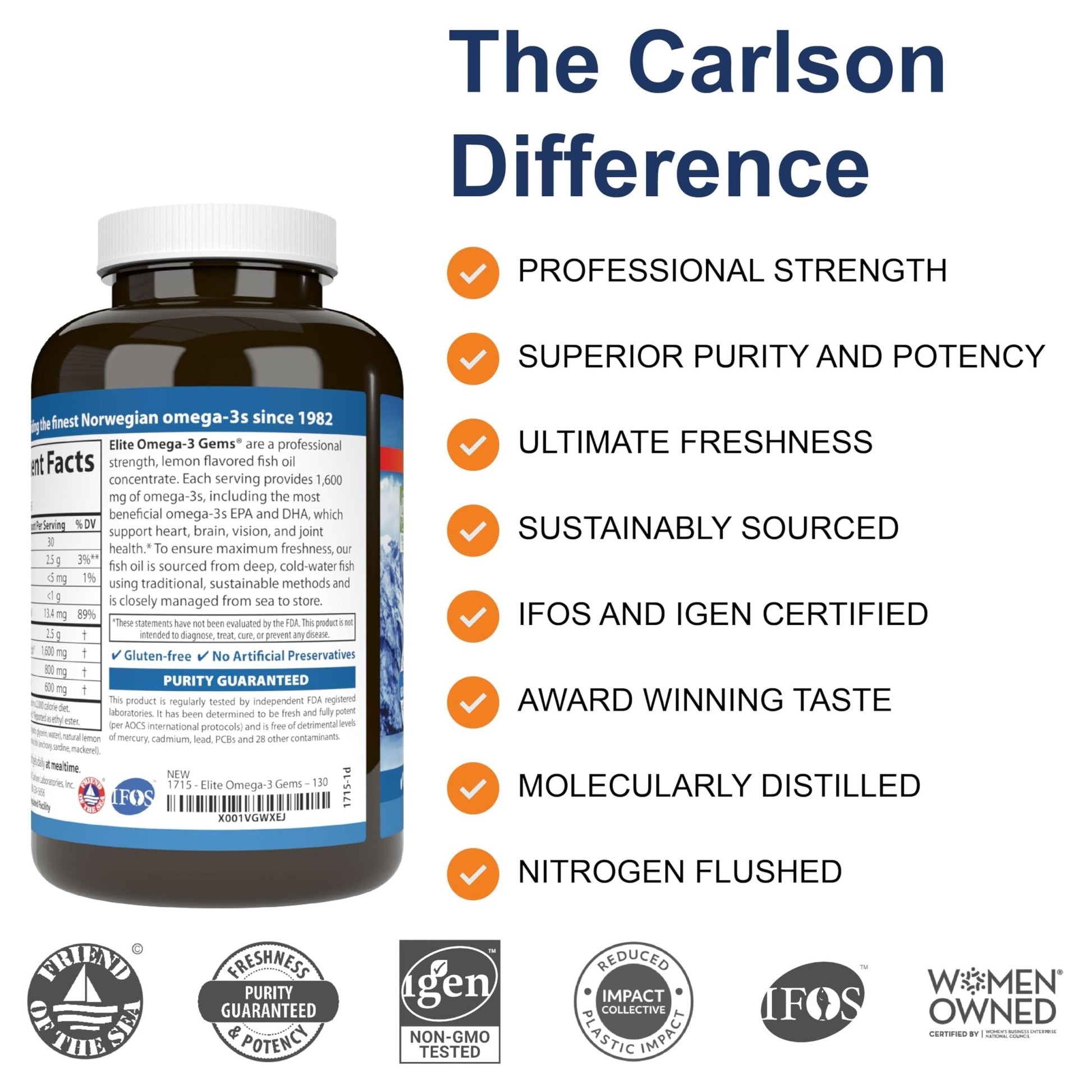 Carlson - Elite Omega-3 Gems, 1600 mg Omega-3 Fatty Acids Including EPA and DHA, Norwegian, Wild-Caught Fish Oil Supplement, Sustainably Sourced Omega - Maple Wellness Supplements