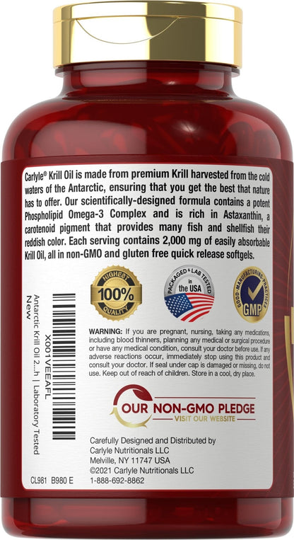 Carlyle Antarctic Krill Oil 2000 mg 120 Softgels | Omega-3 EPA, DHA, with Astaxanthin - Maple Wellness Supplements