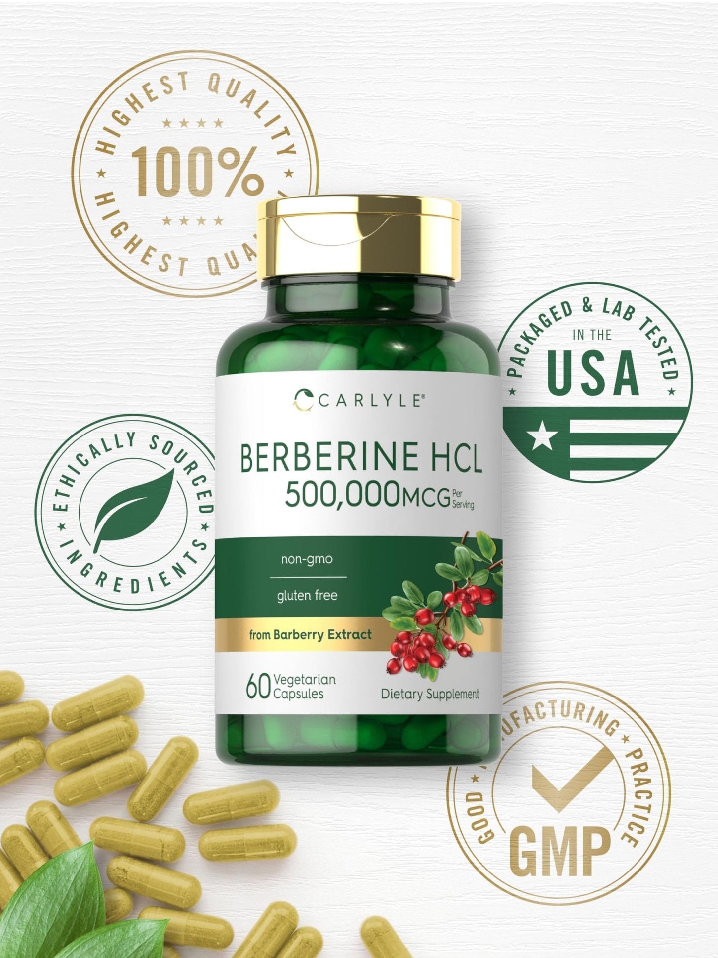 Carlyle Berberine HCL Supplement | 500,000mcg | 60 Capsules | Vegetarian, Non-GMO, Gluten Free - Maple Wellness Supplements