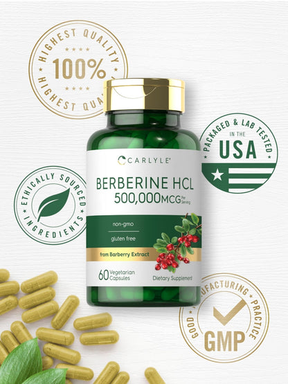 Carlyle Berberine HCL Supplement | 500,000mcg | 60 Capsules | Vegetarian, Non-GMO, Gluten Free - Maple Wellness Supplements