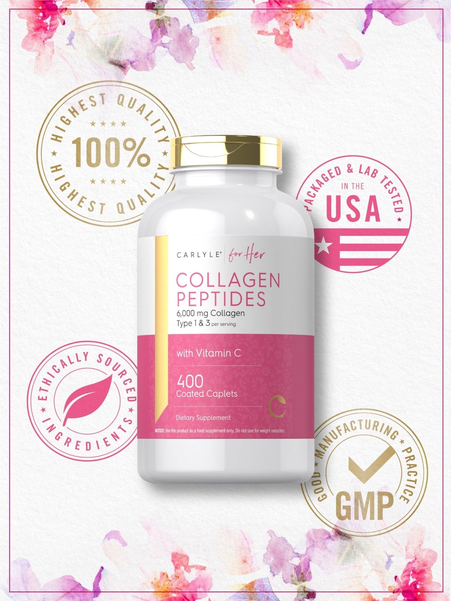 Carlyle Collagen Peptides 6000mg | 400 Caplets | with Vitamin C | Type 1 and 3 | Non-GMO, Gluten Free, Grass Fed Supplement - Maple Wellness Supplements