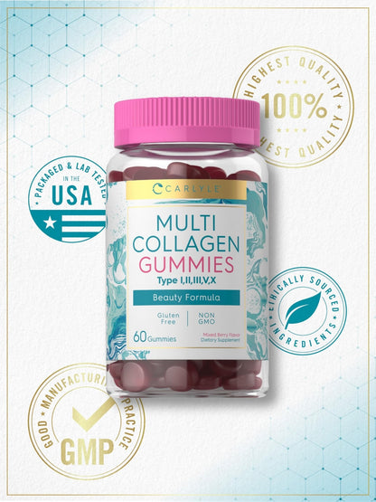 Carlyle Collagen Peptides Gummies | 60 Count | Multi Collagen Complex | Beauty Formula Supplement | Mixed Berry Flavor | Non-GMO, Gluten Free - Maple Wellness Supplements