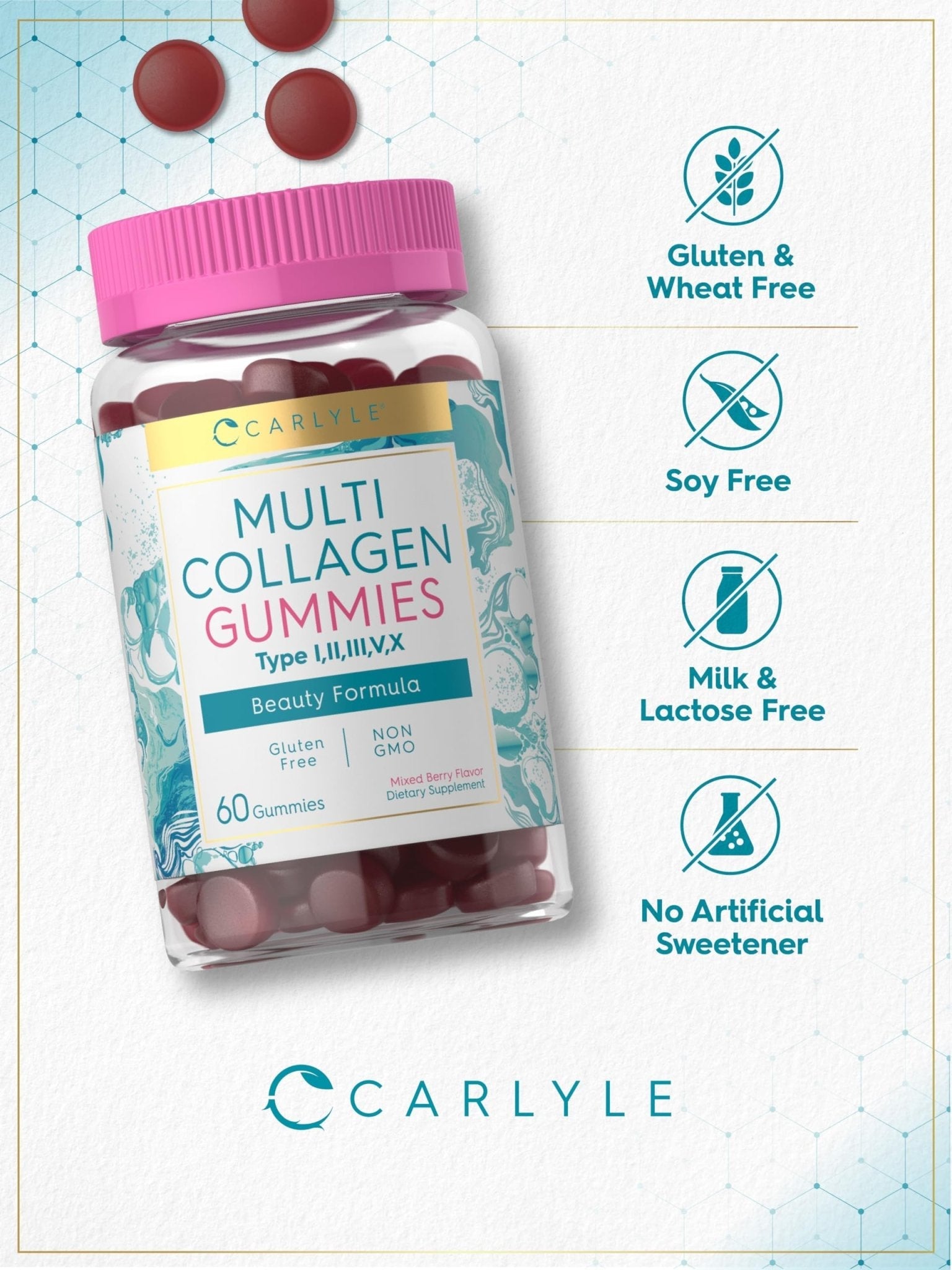 Carlyle Collagen Peptides Gummies | 60 Count | Multi Collagen Complex | Beauty Formula Supplement | Mixed Berry Flavor | Non-GMO, Gluten Free - Maple Wellness Supplements