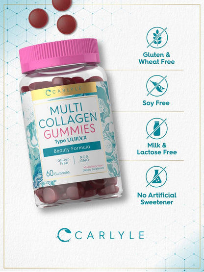 Carlyle Collagen Peptides Gummies | 60 Count | Multi Collagen Complex | Beauty Formula Supplement | Mixed Berry Flavor | Non-GMO, Gluten Free - Maple Wellness Supplements