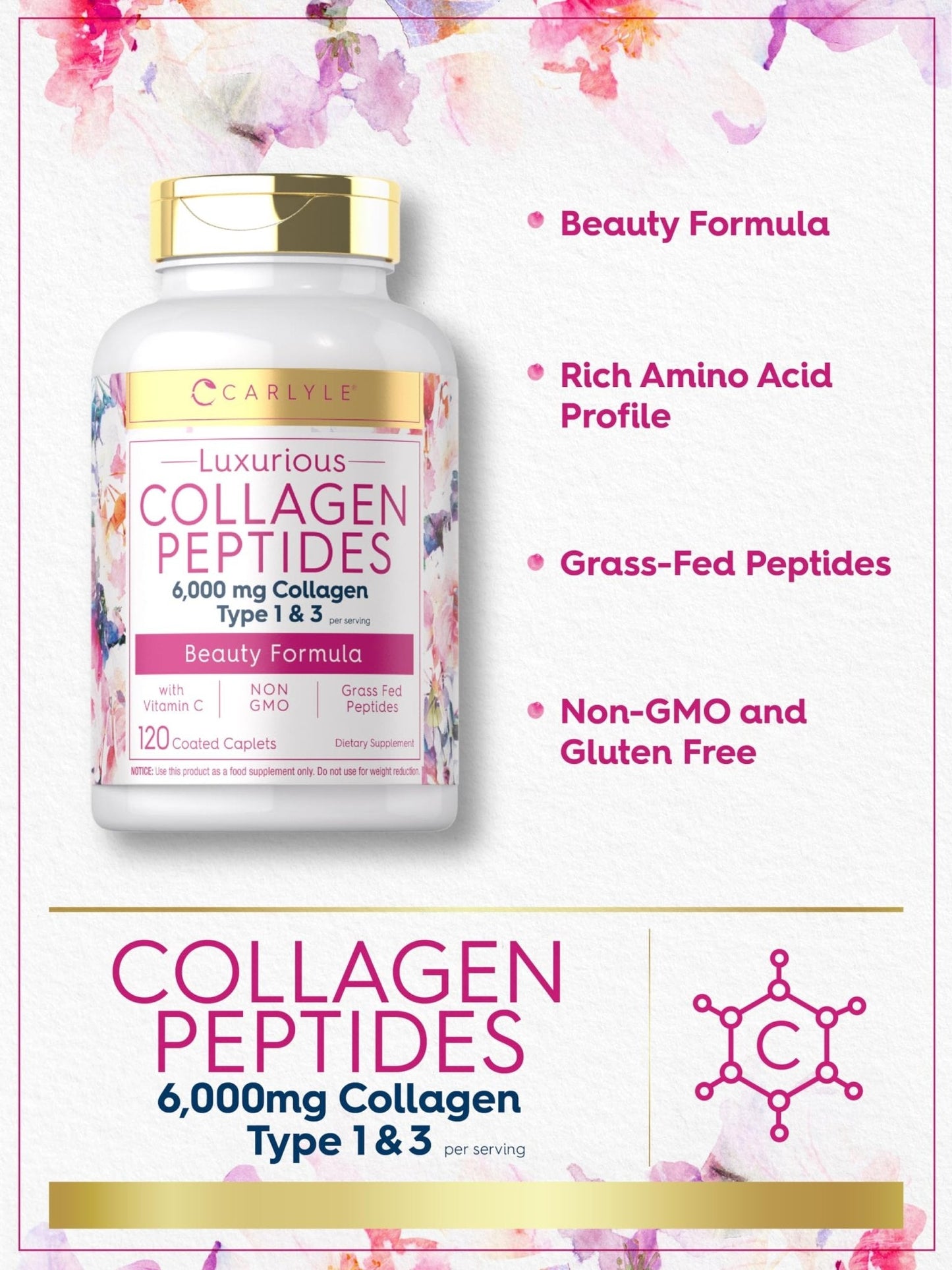 Carlyle Collagen Peptides with Vitamin C | 6000mg | 120 Caplets | Grass Fed Type II & III | Beauty Formula | Non-GMO, Gluten Free Supplement - Maple Wellness Supplements