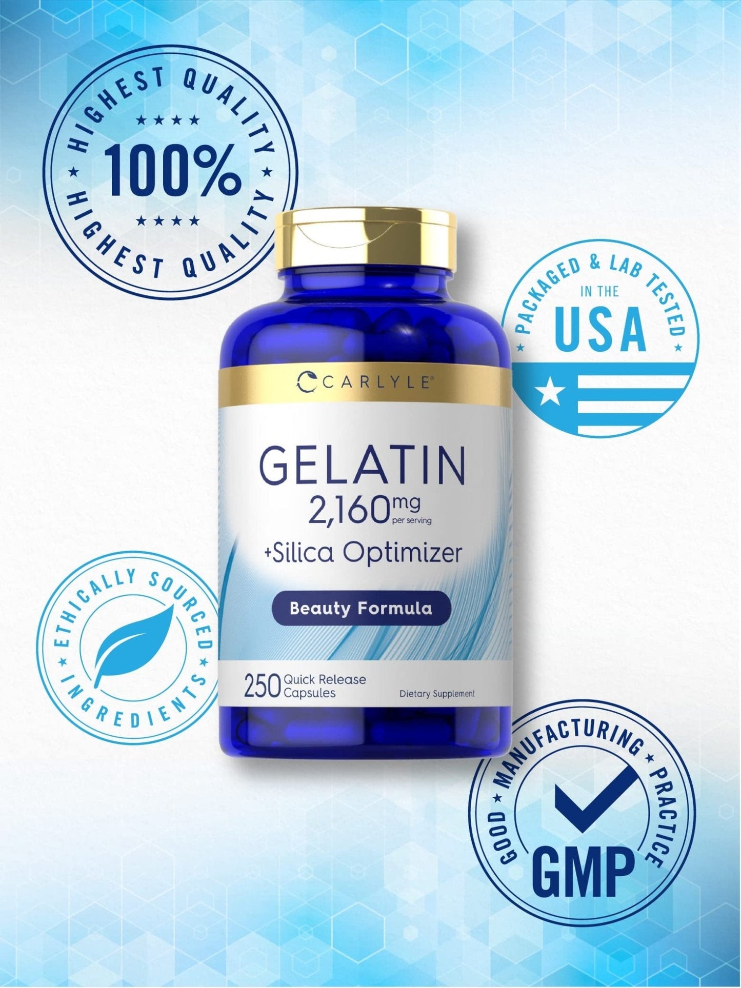 Carlyle Gelatin Capsules | 2160 mg | 250 Pills | with Silica Optimizer | Non-GMO, and Gluten Free Supplement - Maple Wellness Supplements