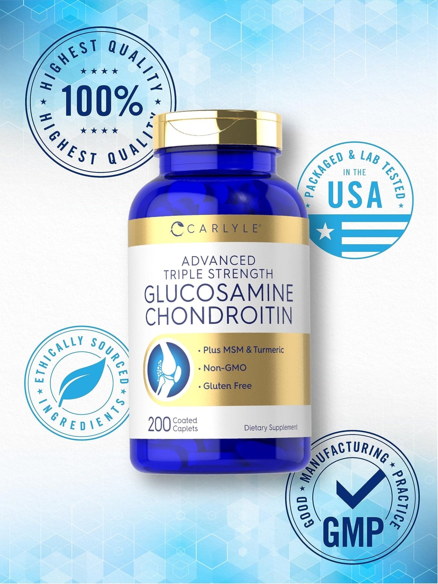 Carlyle Glucosamine Chondroitin MSM Turmeric | 200 Count | Advanced Triple Strength Supplement | Non-GMO & Gluten Free - Maple Wellness Supplements