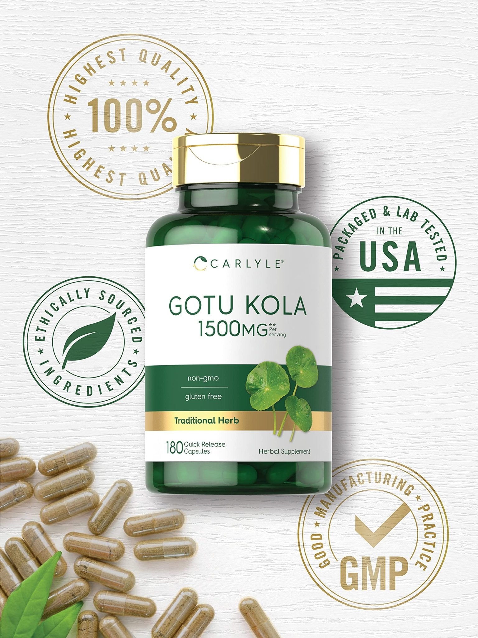 Carlyle Gotu Kola Capsules | 180 Count | Non-GMO, Gluten Free | Traditional Herb Extract - Maple Wellness Supplements