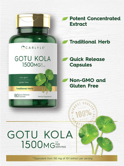 Carlyle Gotu Kola Capsules | 180 Count | Non-GMO, Gluten Free | Traditional Herb Extract - Maple Wellness Supplements
