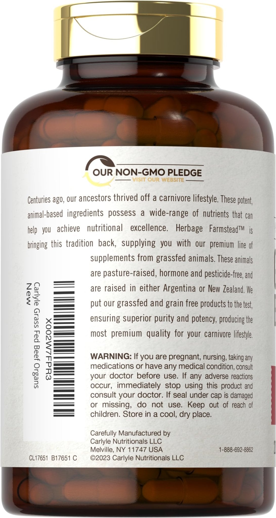Carlyle Grass Fed Beef Organ Complex | 200 Capsules | Pasture Raised, Grain Free Supplement | with Desiccated Liver, Kidney, Pancreas, Heart, Spleen - Maple Wellness Supplements