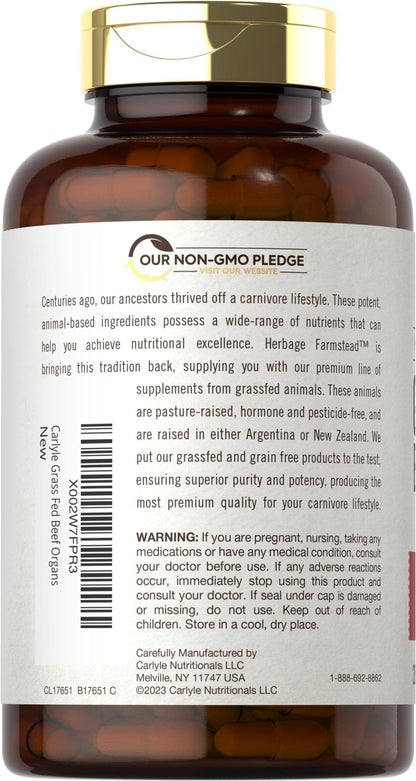 Carlyle Grass Fed Beef Organ Complex | 200 Capsules | Pasture Raised, Grain Free Supplement | with Desiccated Liver, Kidney, Pancreas, Heart, Spleen - Maple Wellness Supplements