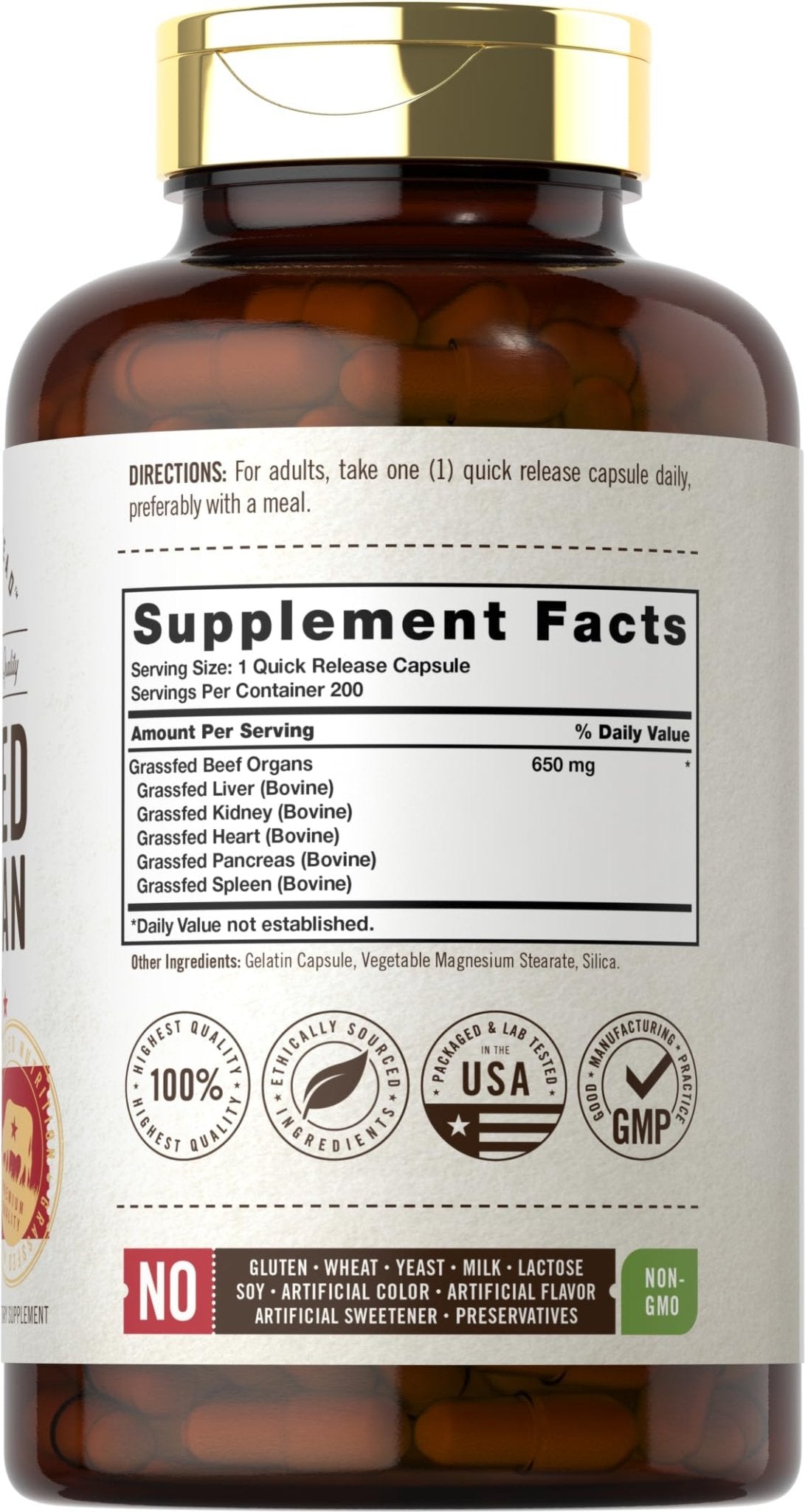 Carlyle Grass Fed Beef Organ Complex | 200 Capsules | Pasture Raised, Grain Free Supplement | with Desiccated Liver, Kidney, Pancreas, Heart, Spleen - Maple Wellness Supplements