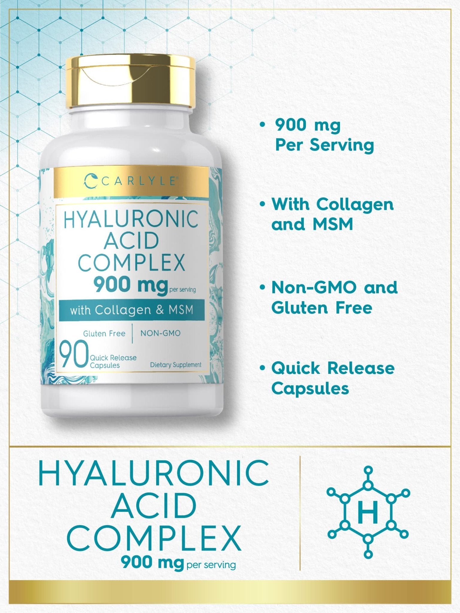 Carlyle Hyaluronic Acid Complex 900 mg | with Collagen and MSM | 90 Capsules | Non-GMO, Gluten Free Supplement - Maple Wellness Supplements