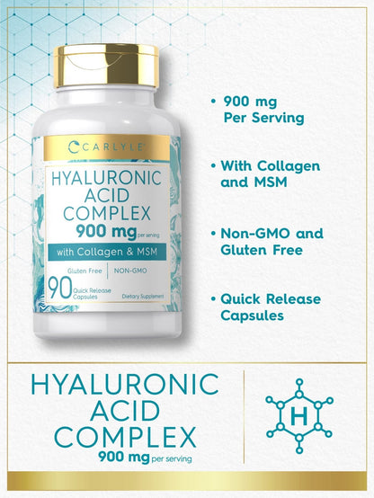 Carlyle Hyaluronic Acid Complex 900 mg | with Collagen and MSM | 90 Capsules | Non-GMO, Gluten Free Supplement - Maple Wellness Supplements
