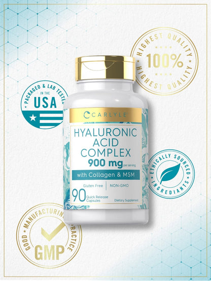 Carlyle Hyaluronic Acid Complex 900 mg | with Collagen and MSM | 90 Capsules | Non-GMO, Gluten Free Supplement - Maple Wellness Supplements