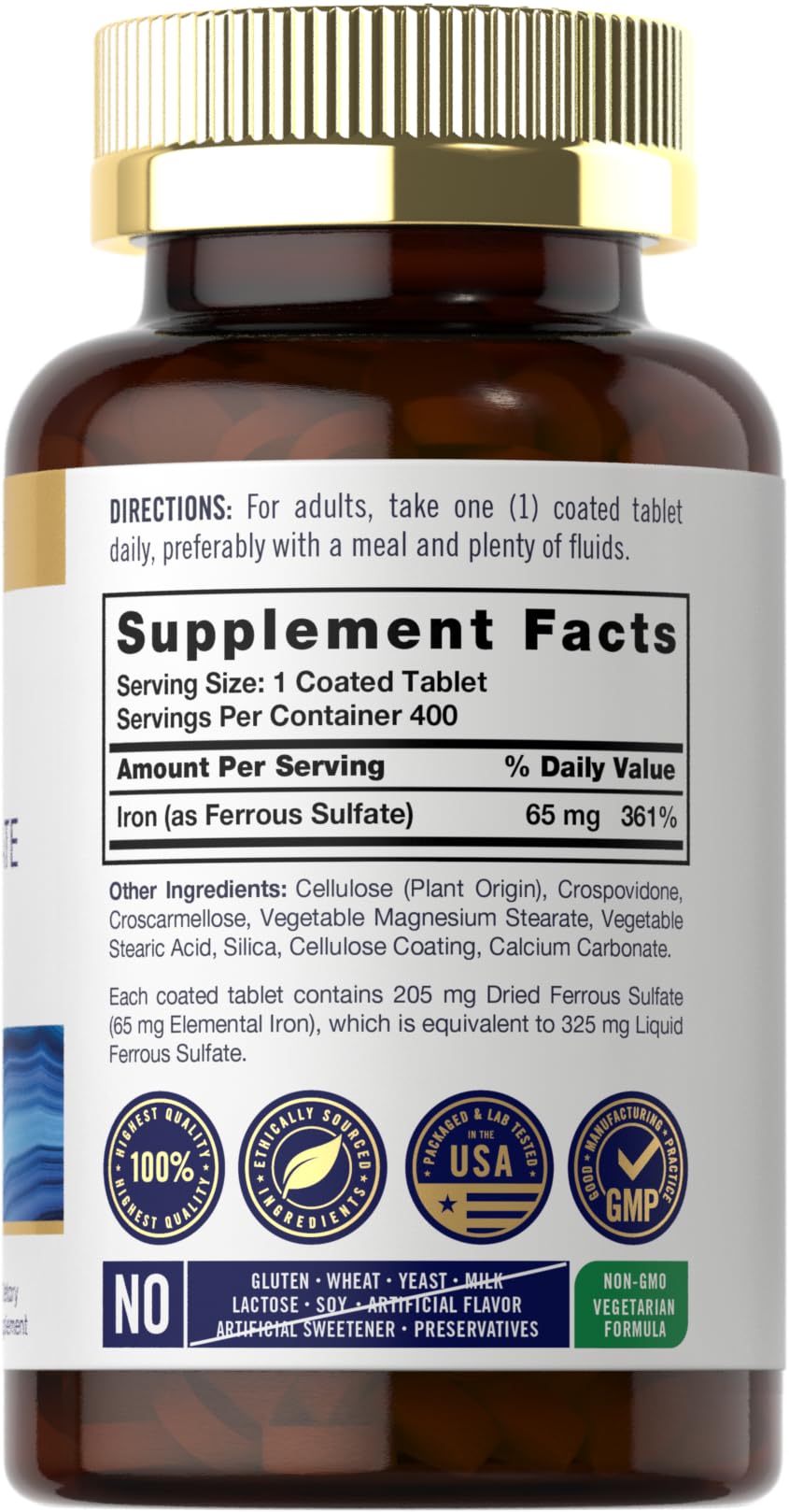 Carlyle Iron Ferrous Sulfate 325mg, 65 mg | 400 Tablets | Non-GMO, Gluten Free, and Vegetarian Supplement | High Potency - Maple Wellness Supplements