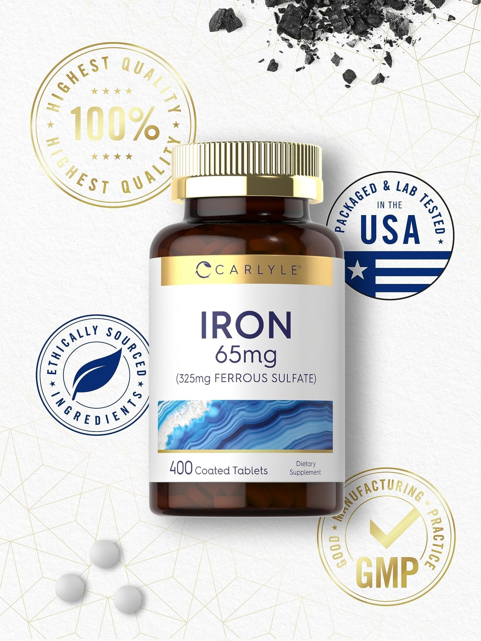 Carlyle Iron Ferrous Sulfate 325mg, 65 mg | 400 Tablets | Non-GMO, Gluten Free, and Vegetarian Supplement | High Potency - Maple Wellness Supplements
