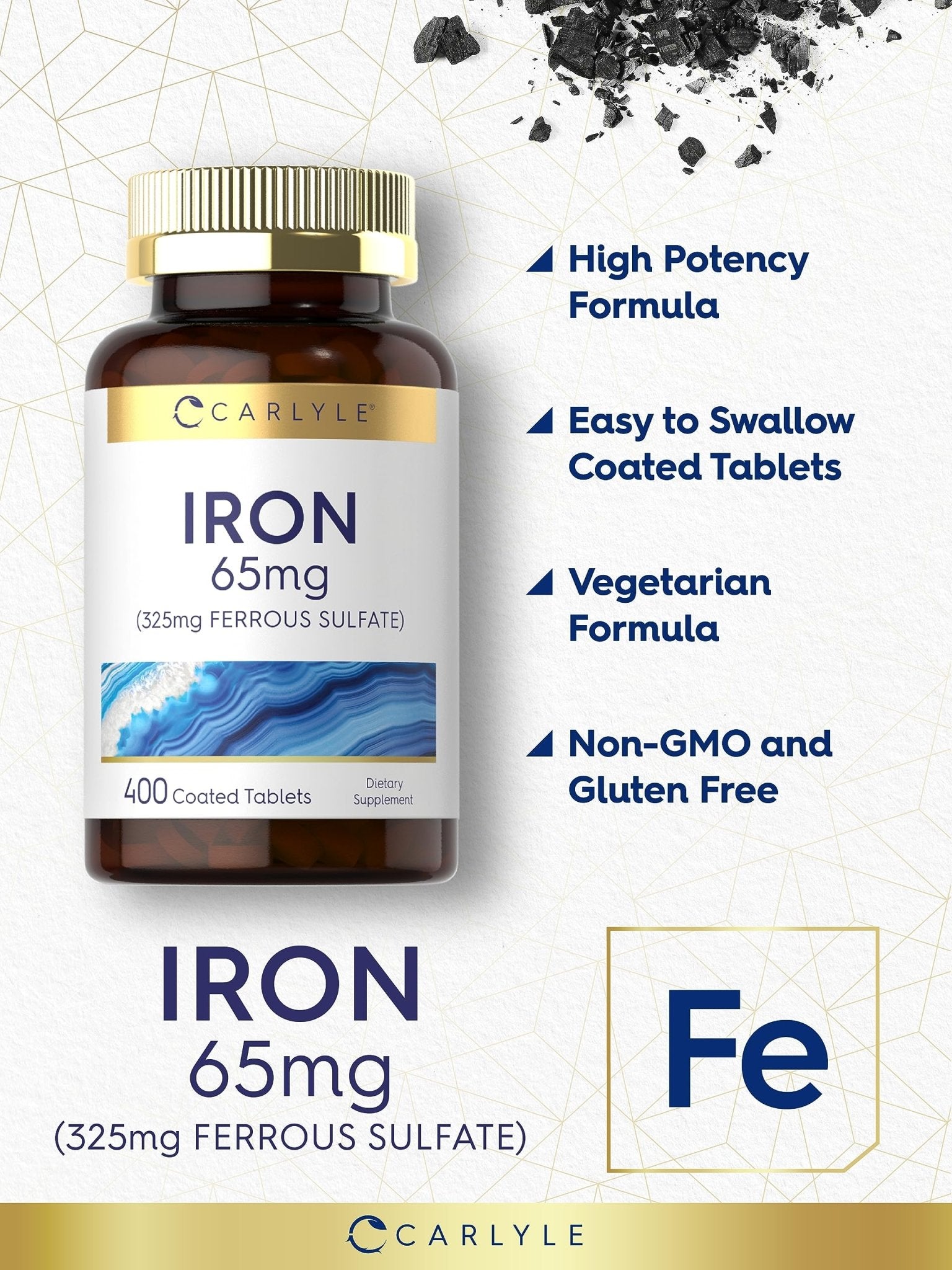 Carlyle Iron Ferrous Sulfate 325mg, 65 mg | 400 Tablets | Non-GMO, Gluten Free, and Vegetarian Supplement | High Potency - Maple Wellness Supplements