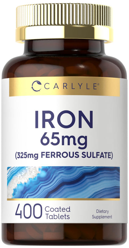 Carlyle Iron Ferrous Sulfate 325mg, 65 mg | 400 Tablets | Non-GMO, Gluten Free, and Vegetarian Supplement | High Potency - Maple Wellness Supplements