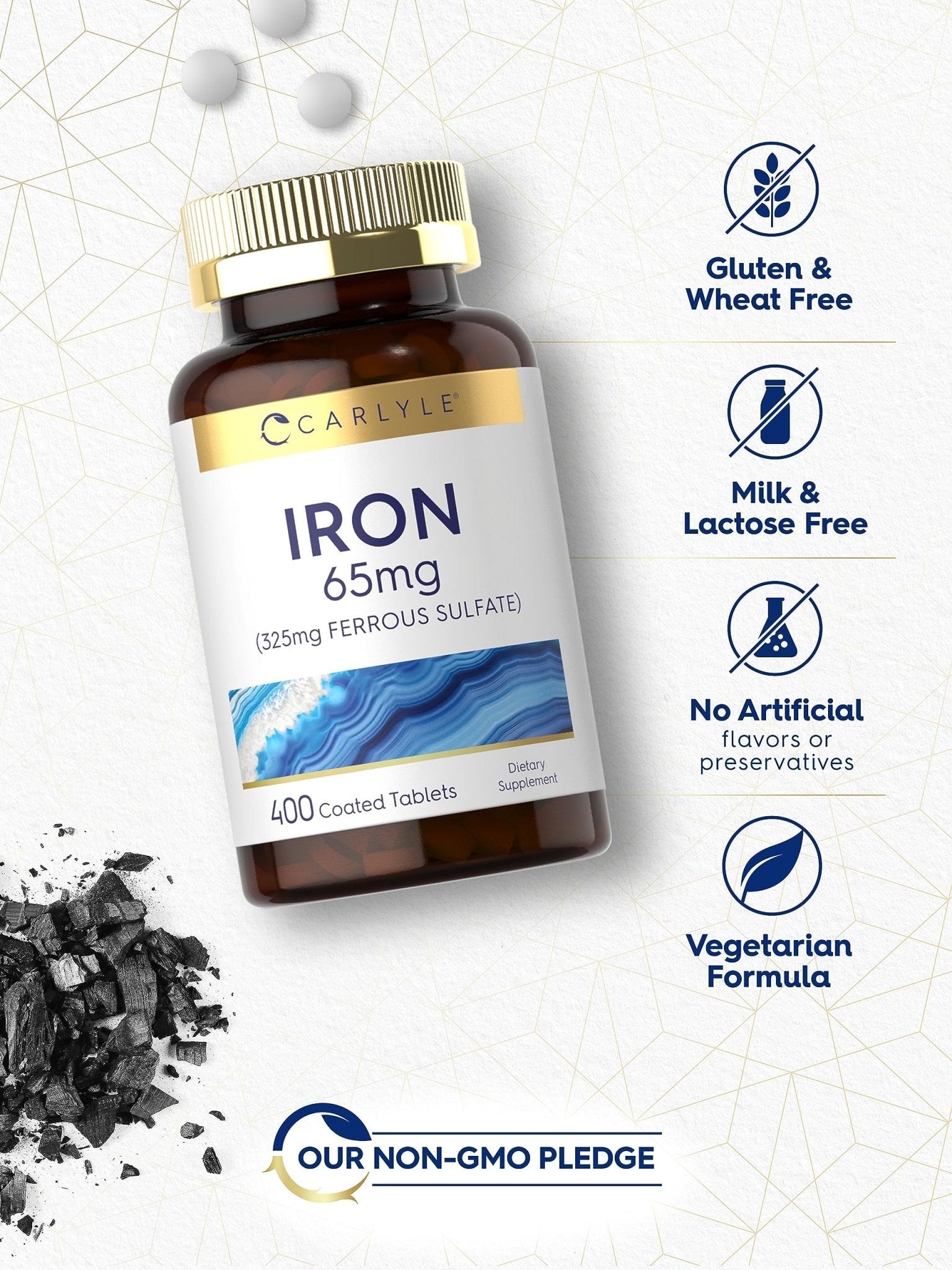 Carlyle Iron Ferrous Sulfate 325mg, 65 mg | 400 Tablets | Non-GMO, Gluten Free, and Vegetarian Supplement | High Potency - Maple Wellness Supplements