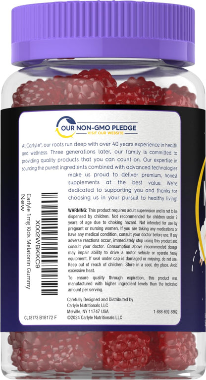 Carlyle Kids Melatonin Gummies | 1 mg 70 Count | Fruit Flavor Gummy | Vegan, Non-GMO, Gluten Free - Maple Wellness Supplements